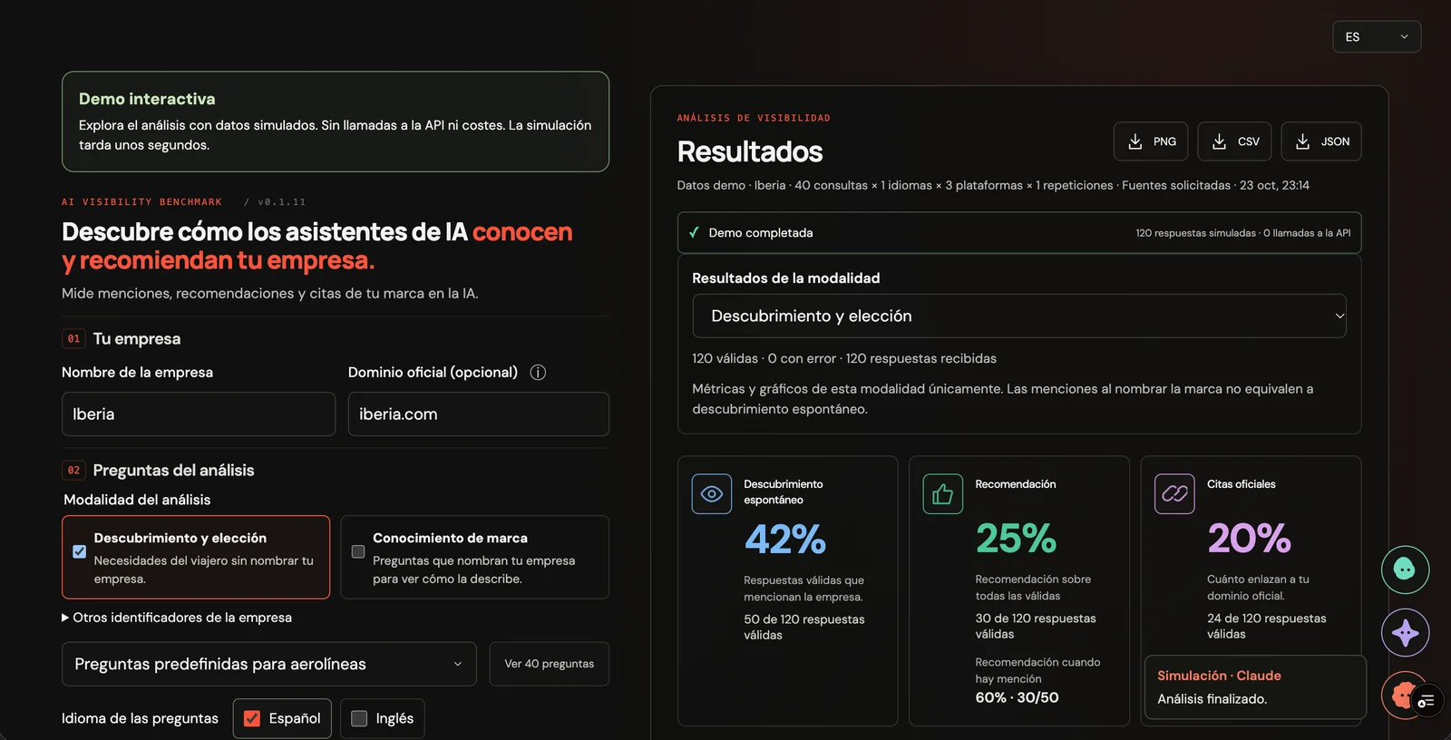 AI Visibility Benchmark demo showing discovery, recommendation and official citation metrics