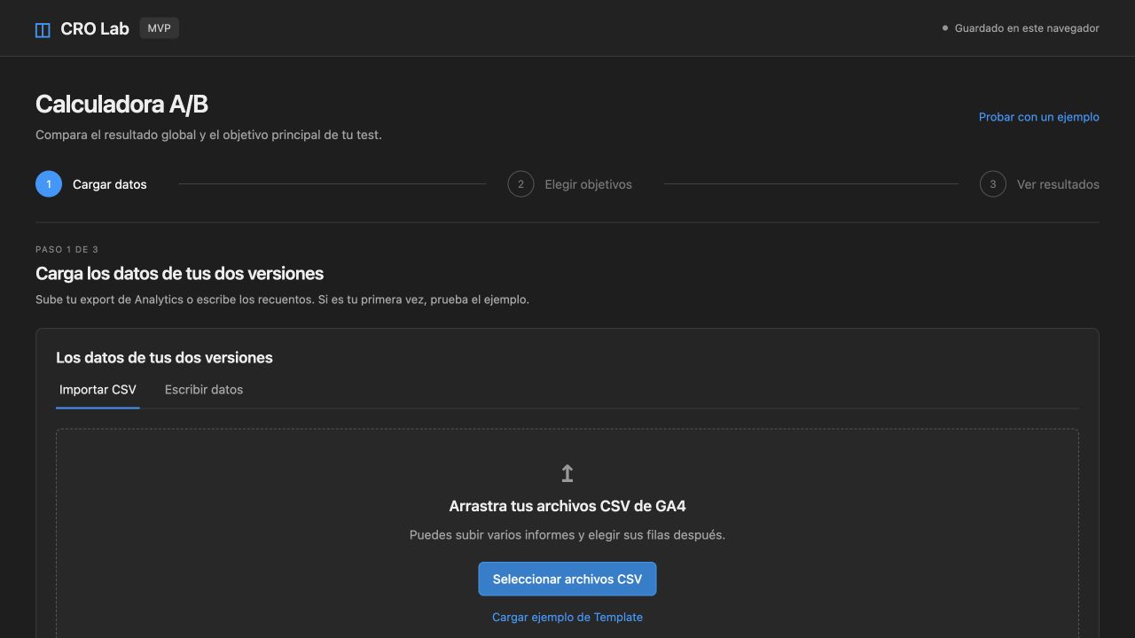 CRO Lab A/B Calculator with GA4 CSV report import