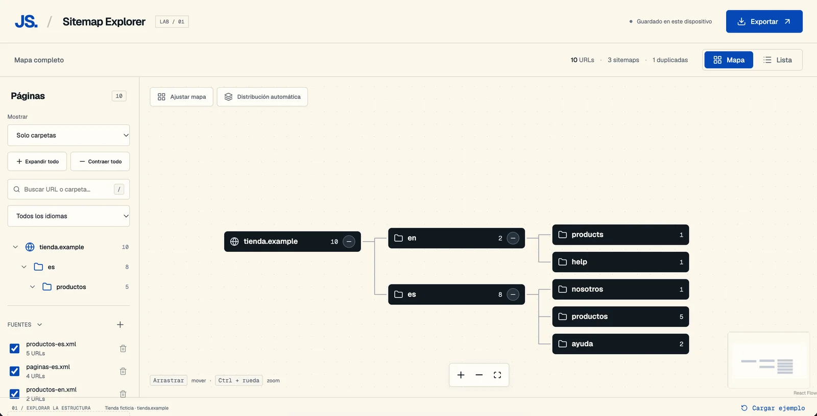 Sitemap Explorer interface showing a map of folders and languages
