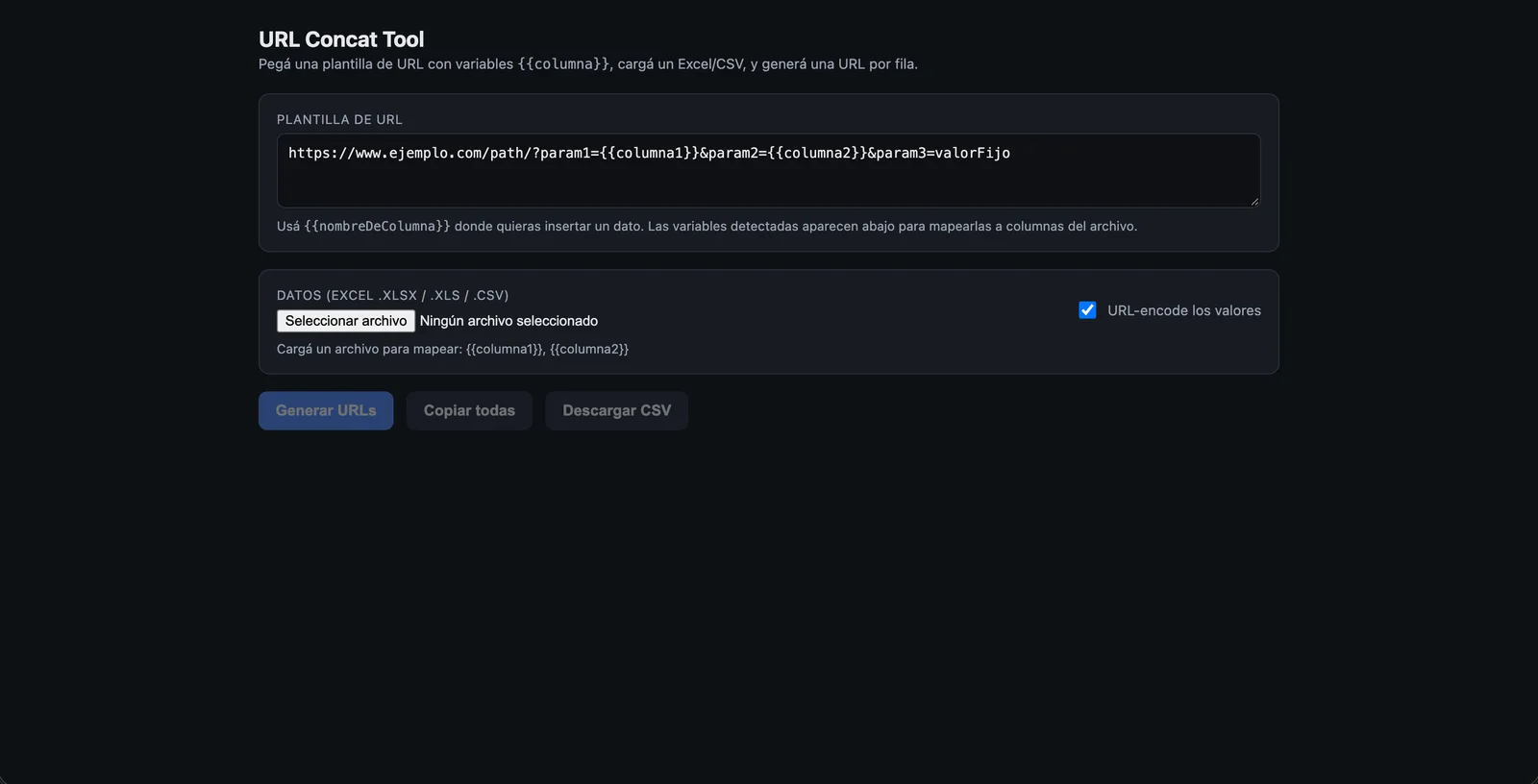 URL Concat Tool with a URL template and Excel or CSV file upload
