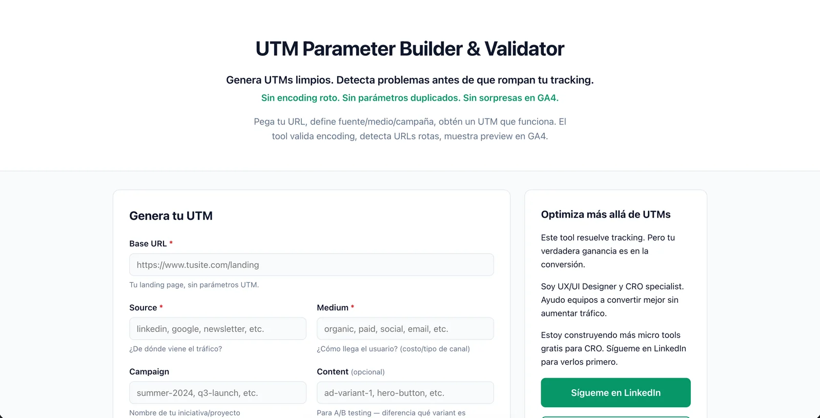 UTM builder and validator with URL, source, medium and campaign fields