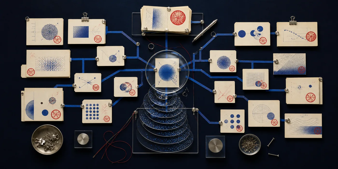 Editorial archive of experiment cards connected into a shared learning system
