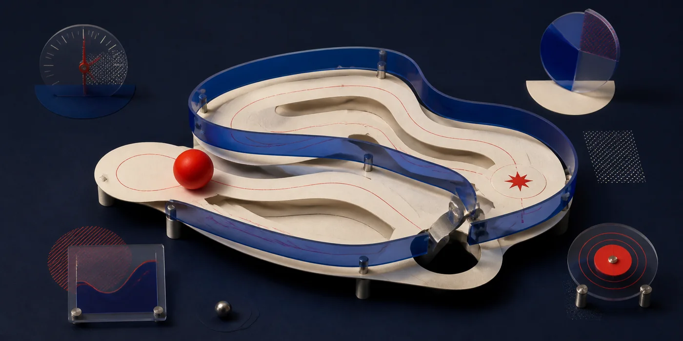 Editorial maze protected by blue rails while a red sphere moves through the system