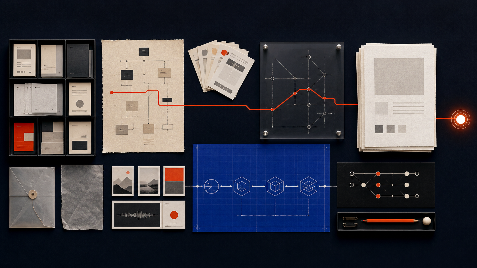 Top-down editorial migration kit showing content cards, route maps, assets, a build pipeline, version branches, and a final stack of static pages.