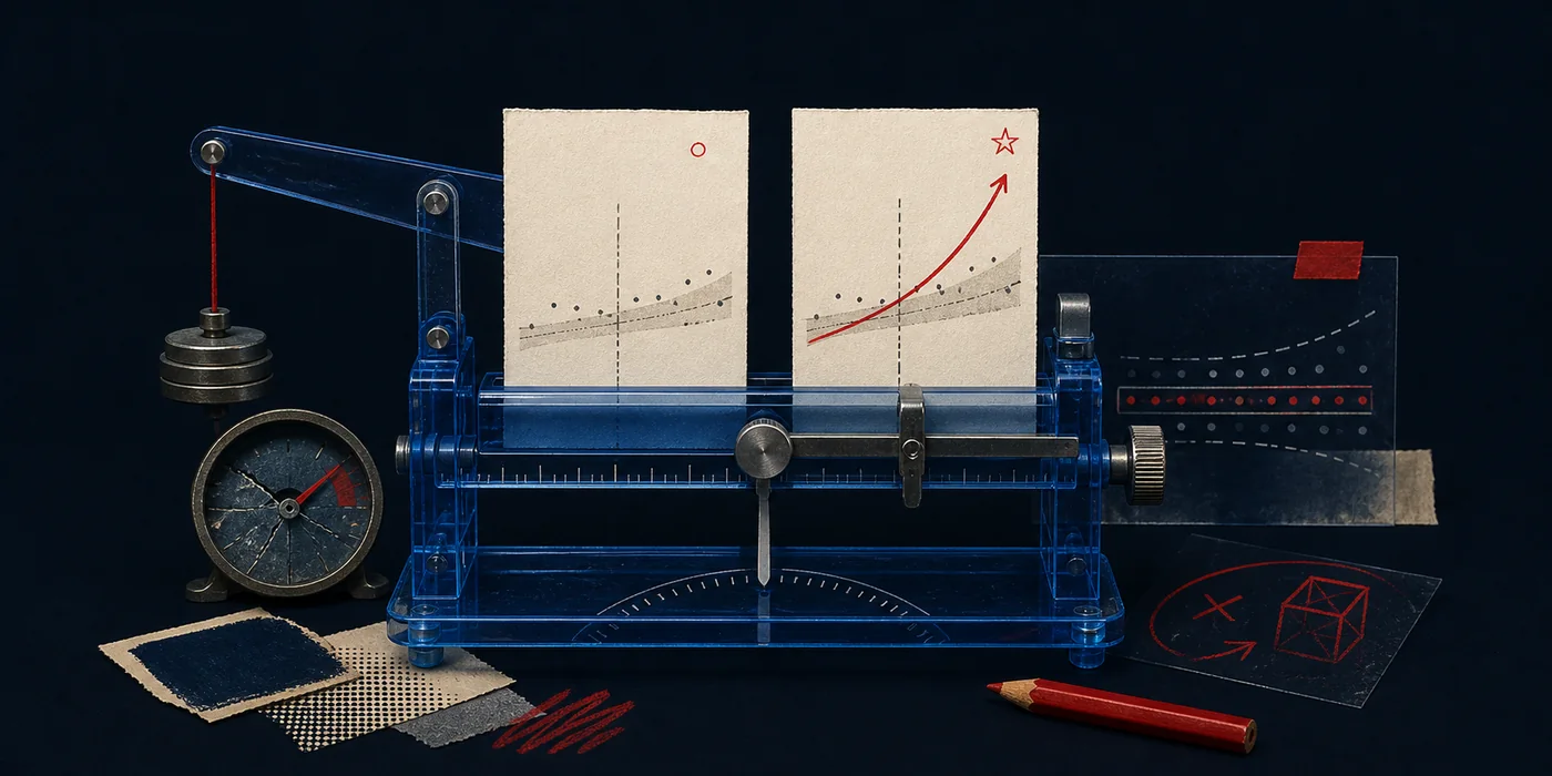 Editorial collage of an experimental measurement machine balancing two result cards